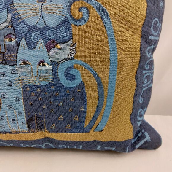 Laurel Burch Blue Indigo Cats Tapestry Throw Pillow Metallic Gold Accents 17" - Picture 4 of 13